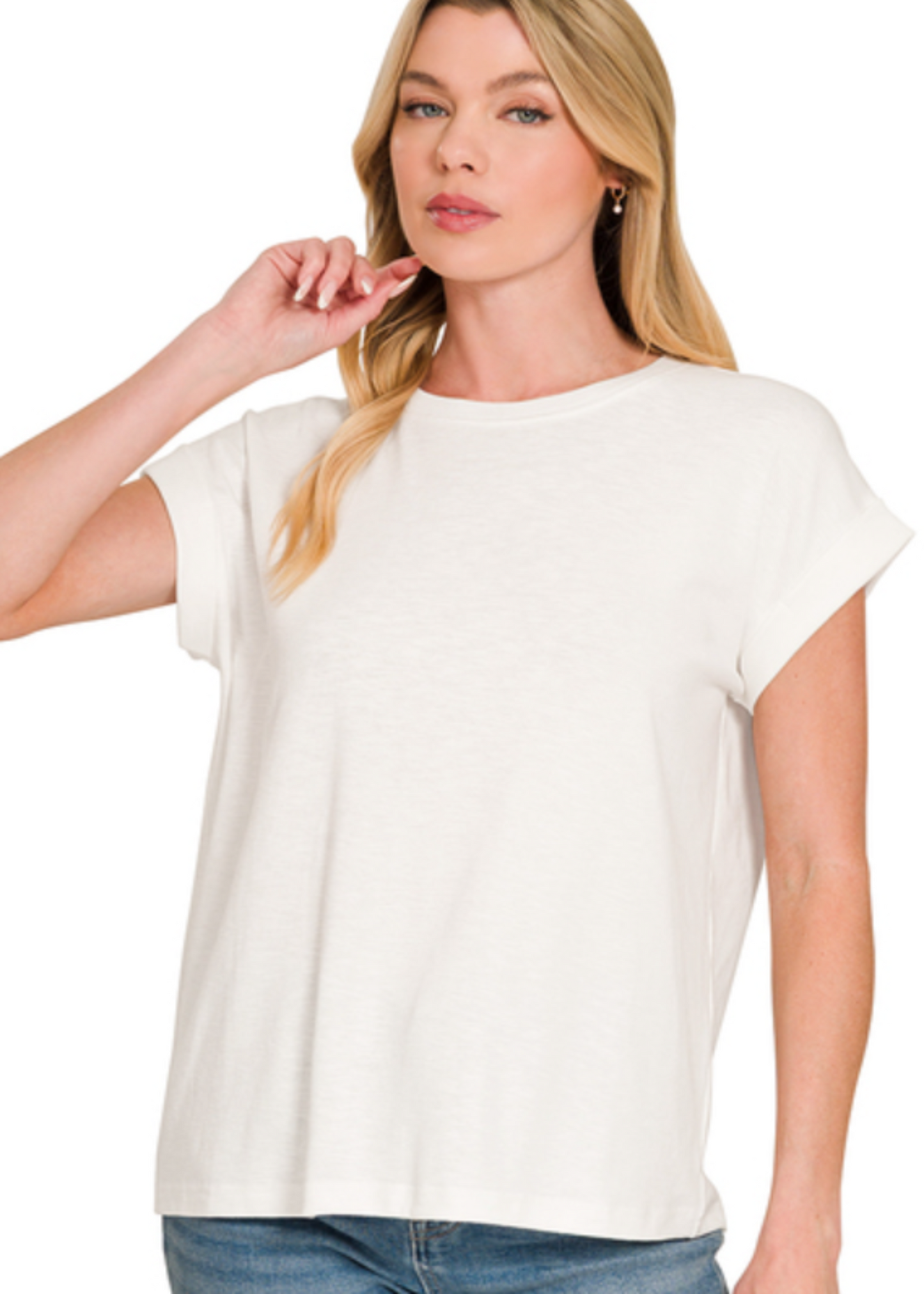 COTTON ROLLED SLEEVE TEE - WHITE