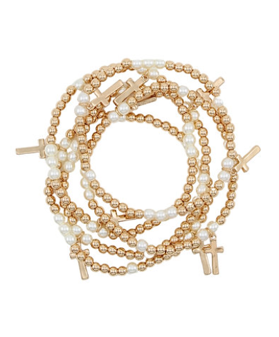 5 ROW CROSS CHARM AND PEARL BRACELET - GOLD/CREAM