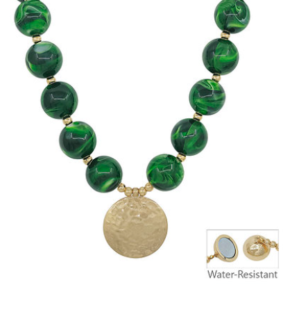 20mm BEAD AND METAL DISC NECKLACE - GREEN