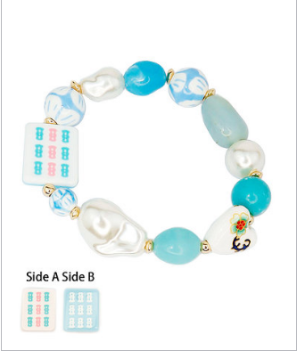 MAHJONG TILE PEARL & BEAD BRACELET - BAMBOO/BLUE