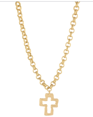 CROSS OUTLINE PENDANT DOUBLE CHAIN - WORN GOLD