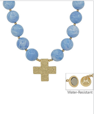 CROSS PENDANT NECKLACE - LIGHT BLUE/GOLD