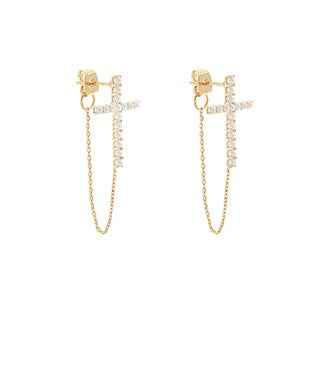 PEARL CROSS & CHAIN FRONT BACK EARRINGS - CREAM/GOLD