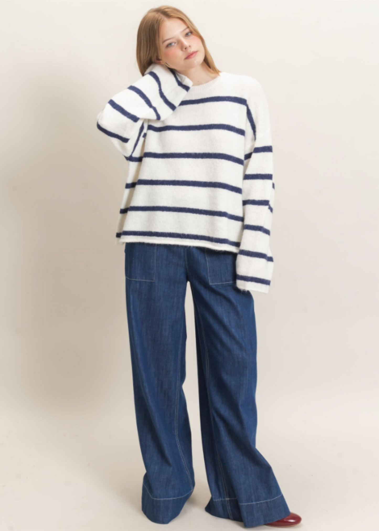 STRIPED CREW NECK - NAVY