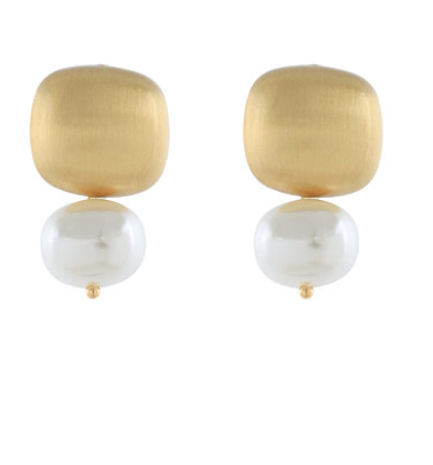 OVAL PEARL & SQUARE DOME EARRINGS - GOLD