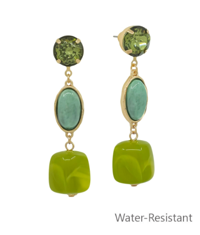 LINEAR MARBLE CUBE STONE & OVAL EARRINGS - OLIVE/GREEN