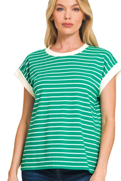 CONTRAST TRIM CAP SLEEVE STRIPE TEE-K GREEN