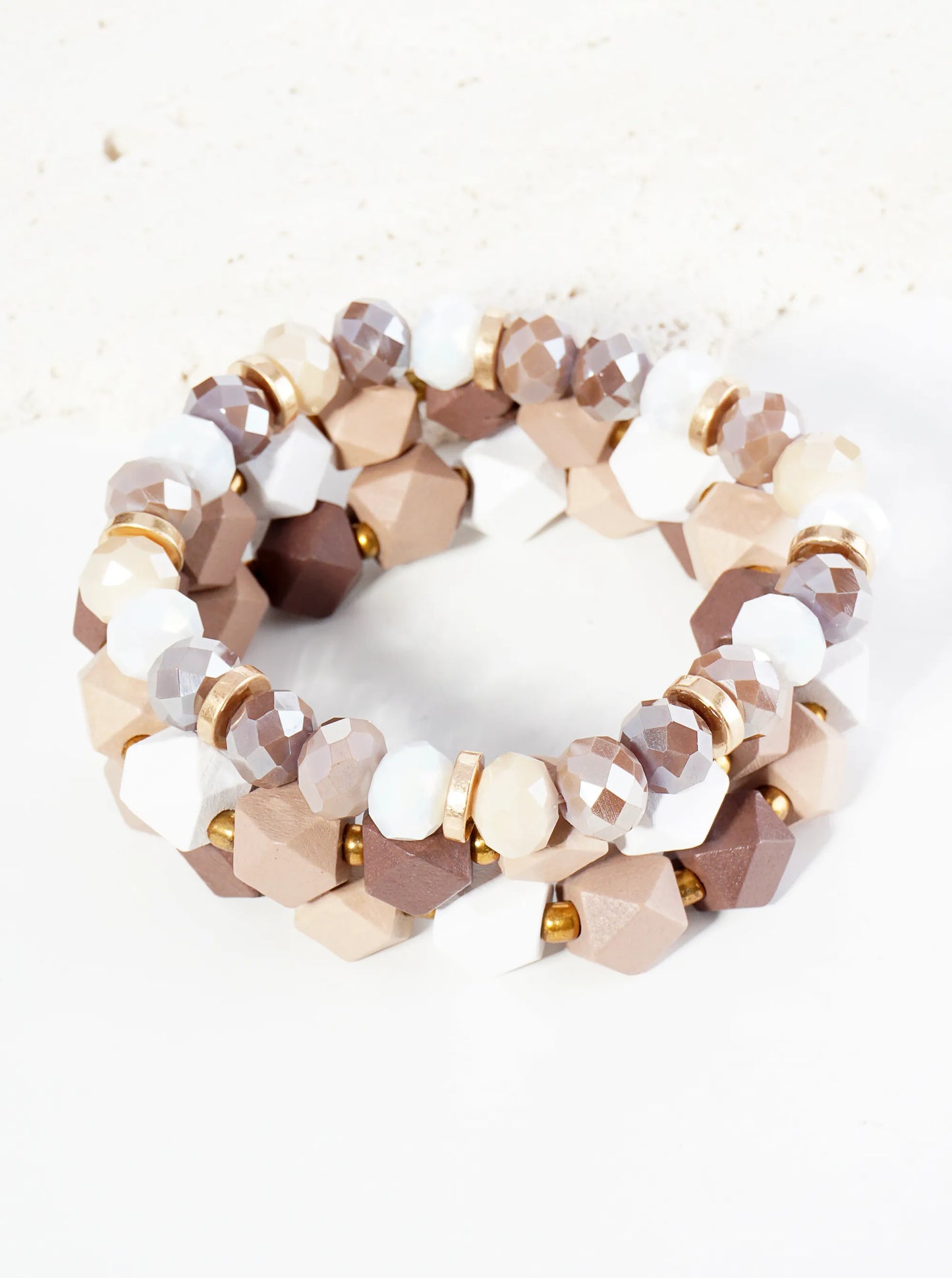 Set of 3 Wood and Glass Beaded Stretch Stackable Bracelet