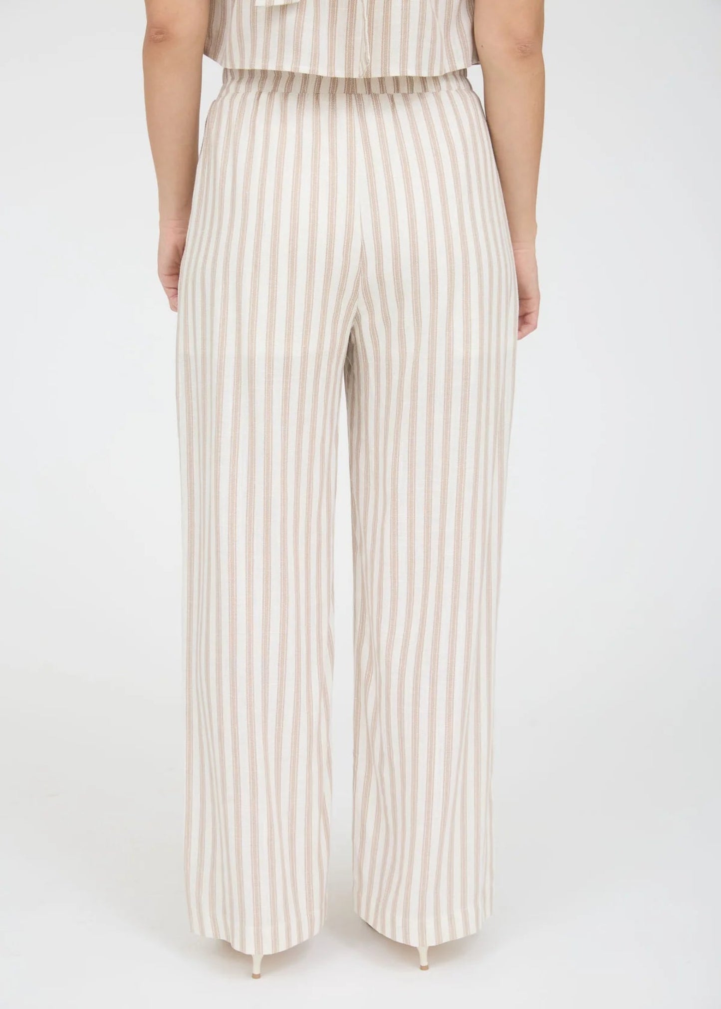 STRIPE LINEN WIDE LEG PANTS-KHAKI
