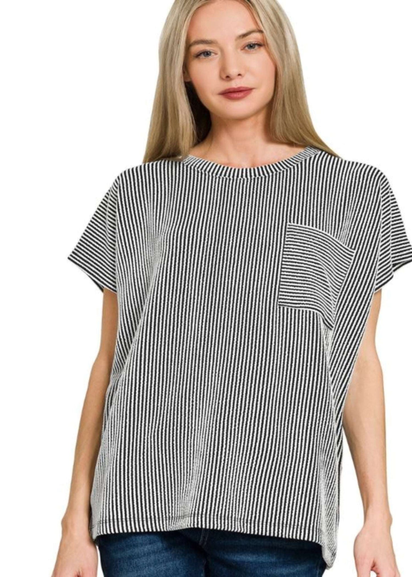 RAISED RIB FRONT POCKET BOXY TOP - BLACK AND WHITE