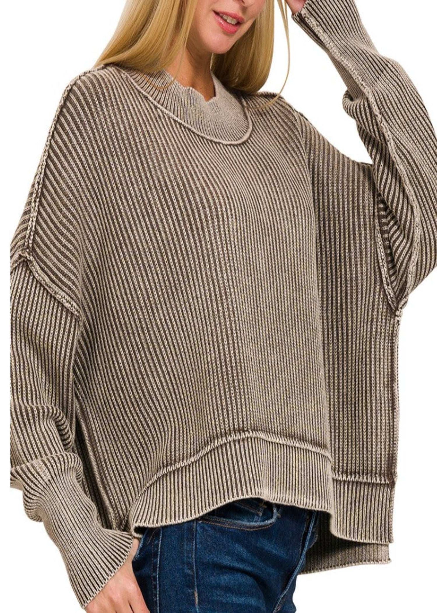 WASHED SIDE SLIT OVERSIZED CROP SWEATER - BROWN
