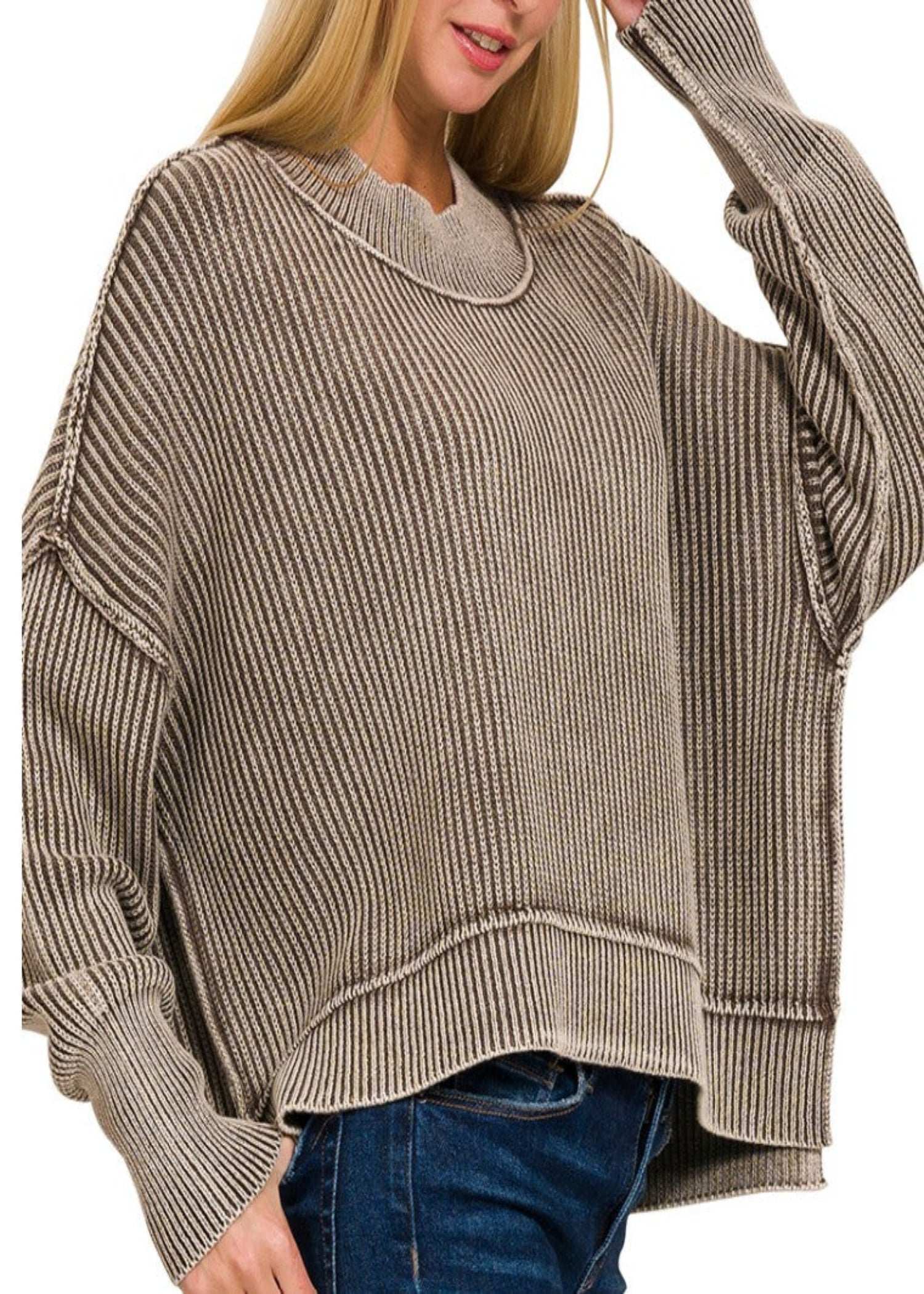 WASHED SIDE SLIT OVERSIZED CROP SWEATER - BROWN
