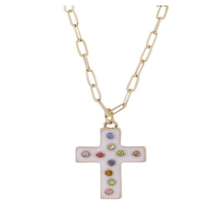KIDS GOLD PAPERLINK CHAIN NECKLACE WITH WHITE ENAMEL CROSS MULTI CRYSTALS