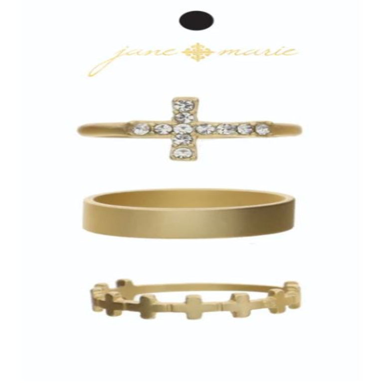 SET OF THREE GOLD BAND RING WITH SIDEWAYS CROSS