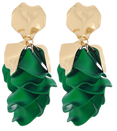 METALLIC COLOR COATED PETAL FRINGE EARRINGS - GREEN/GOLD