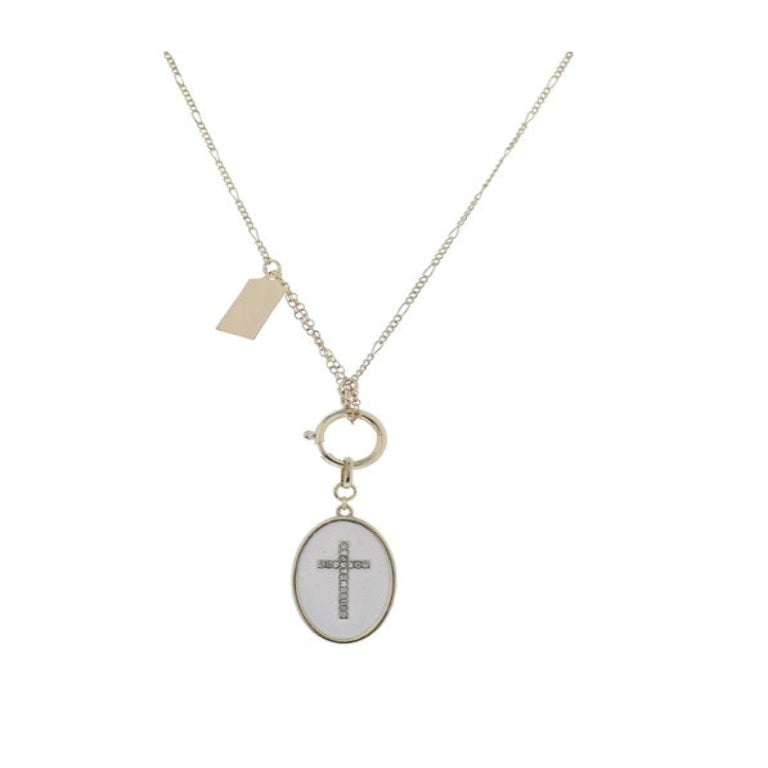 GOLD FIGARO CHAIN NECKLACE WITH WHITE ENAMEL OVAL & CENTER CRYSTAL CROSS