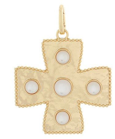 60MM CROSS STONE CHARM - WHITE/GOLD