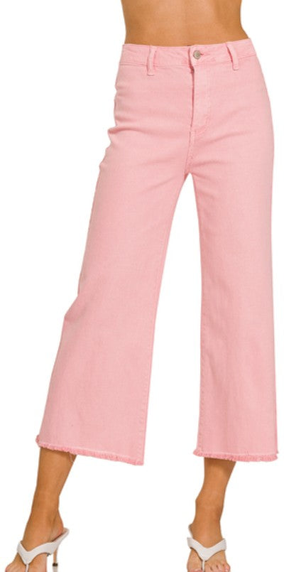 ACID WASH HIGH WAIST FRAYED HEM STRAIGHT PANTS - PINK