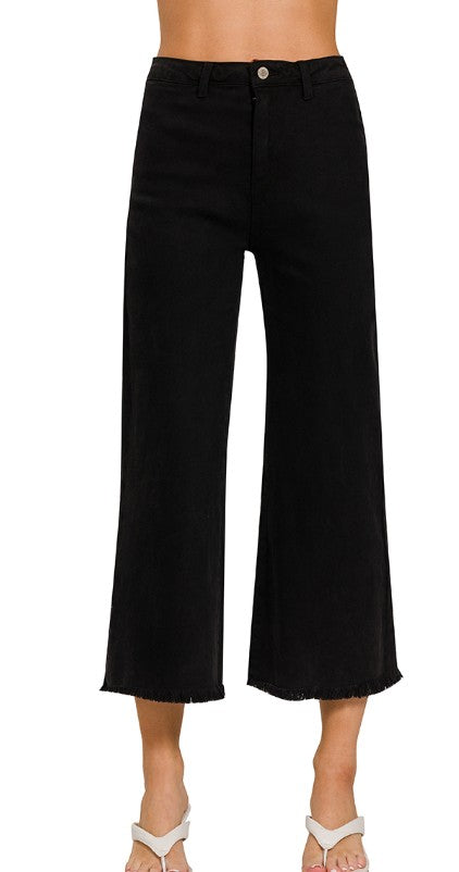 ACID WASH HIGH WAIST FRAYED HEM STRAIGHT PANTS - BLACK
