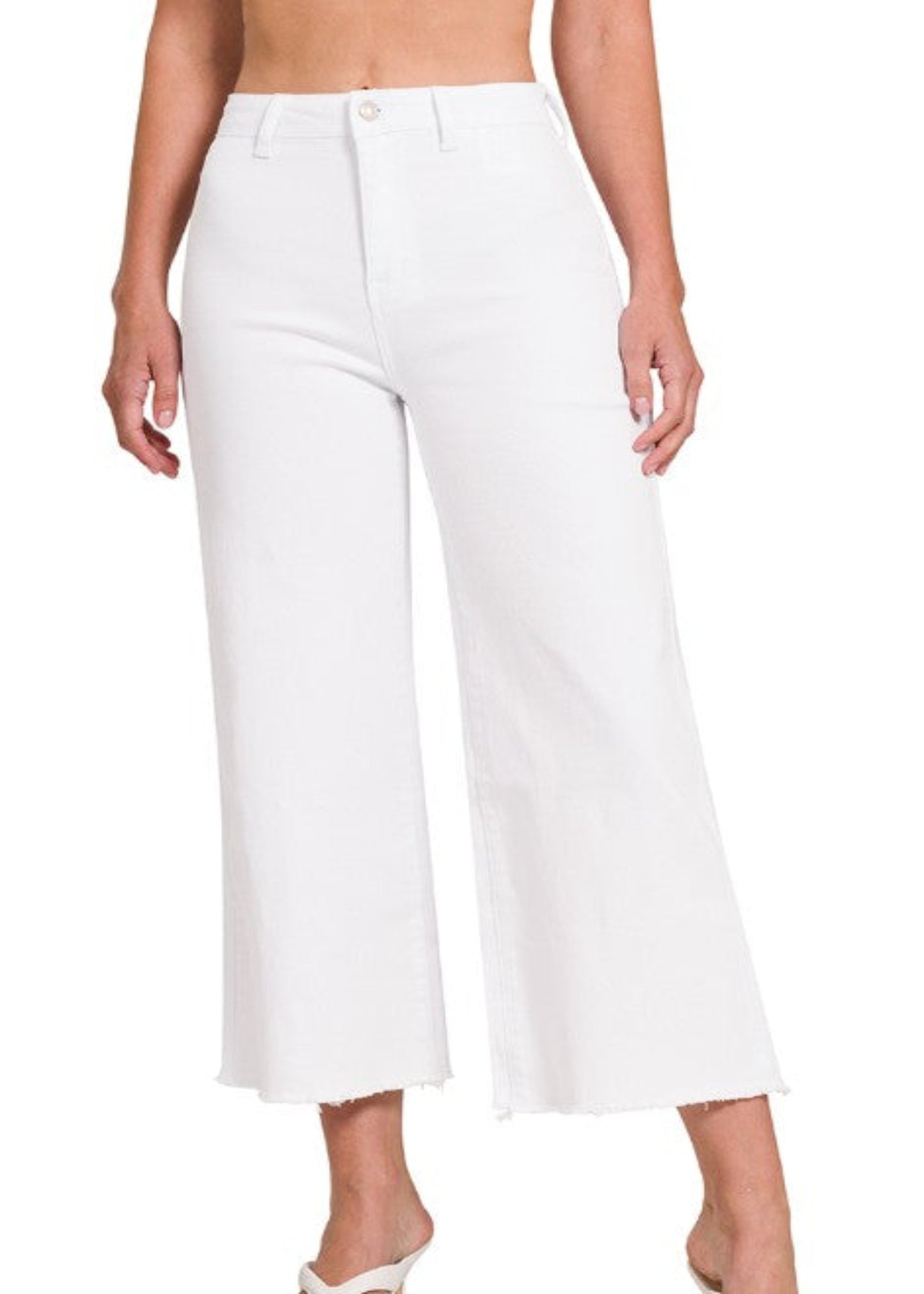 ACID WASH HIGH WAIST FRAYED HEM STRAIGHT PANTS - WHITE