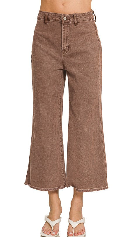 ACID WASH HIGH WAIST FRAYED HEM STRAIGHT PANTS - BROWN