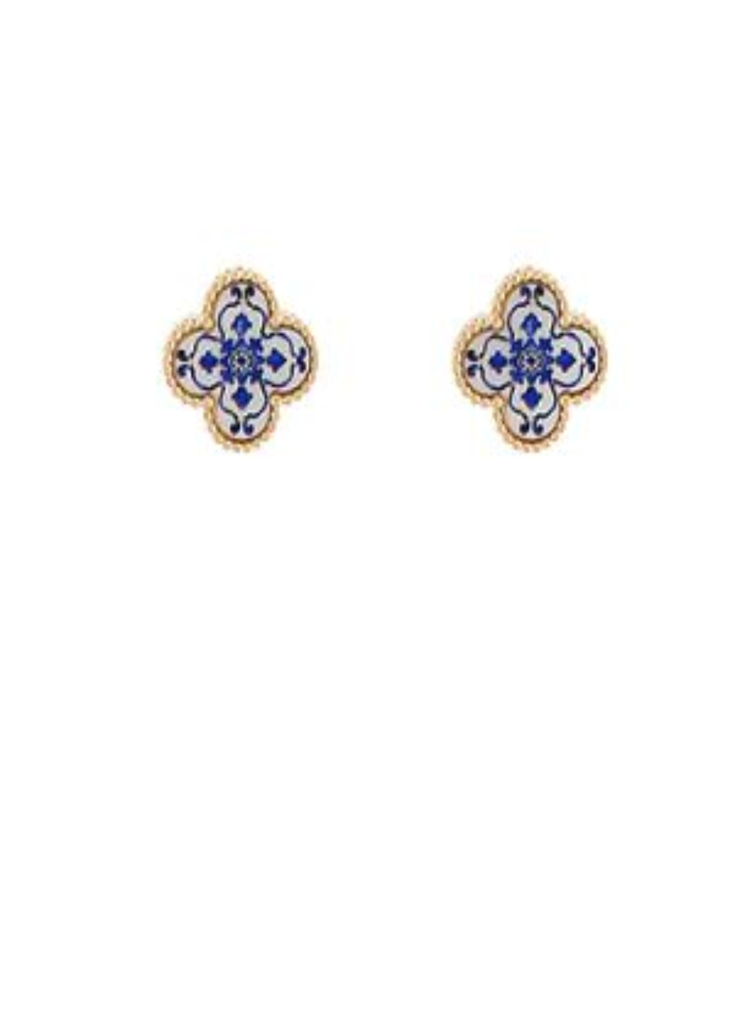 BLUE PATTERNED SHELL CLOVER STUDS - BLUE/GOLD