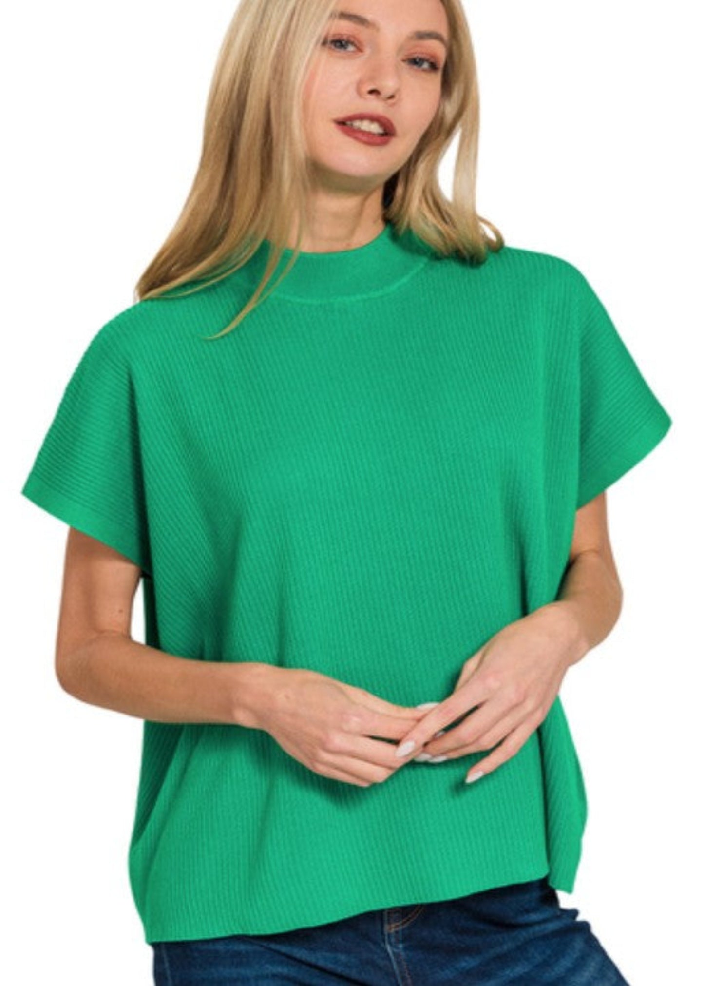 VISCOSE MOCK NECK SHORT SLEEVE SWEATER - KELLY GREEN