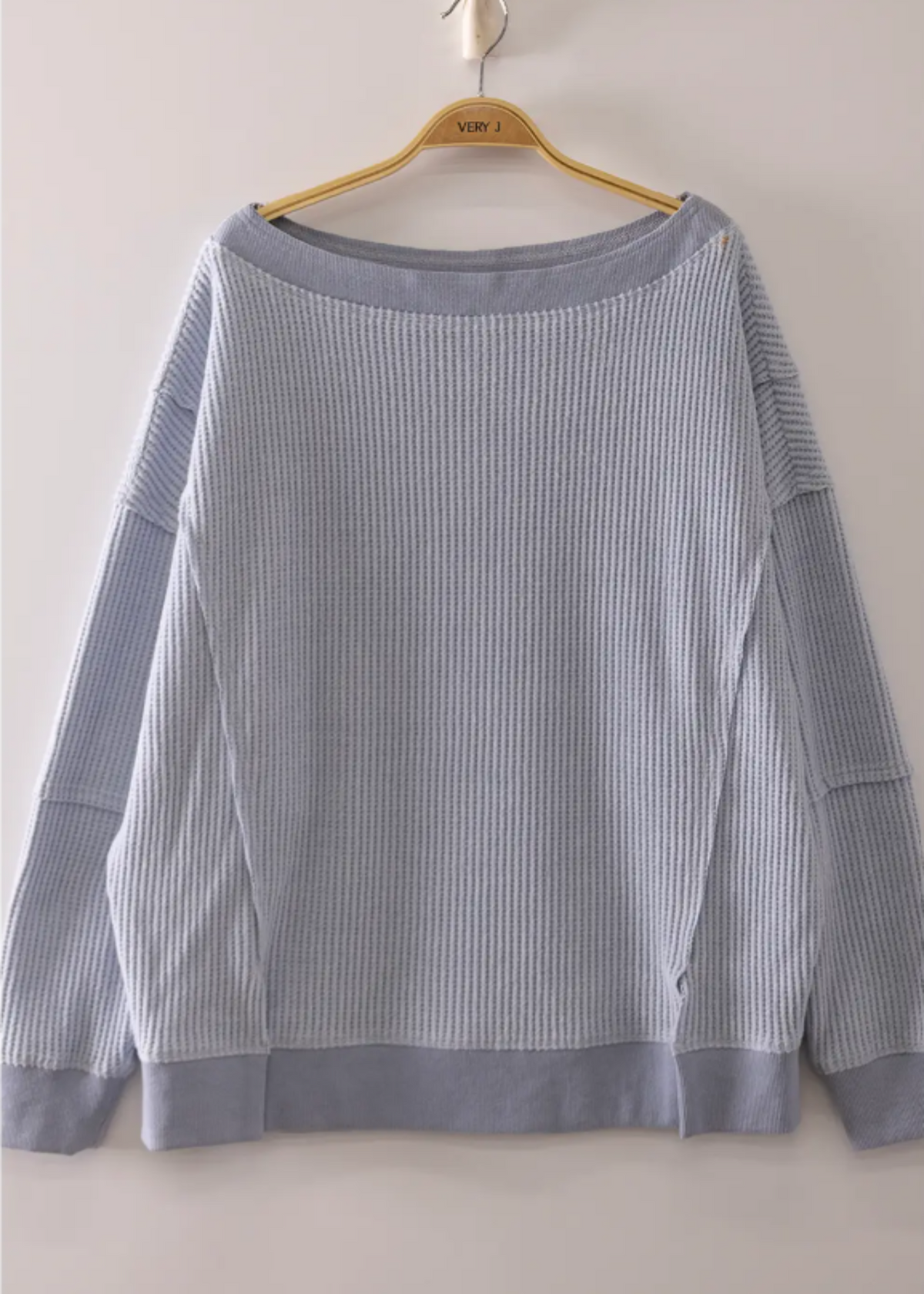 BOAT NECK WAFFLE KNIT TOP-BLUE