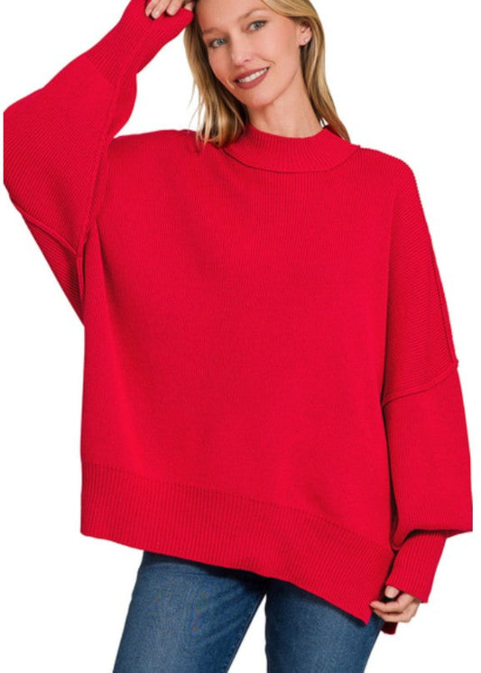 SIDE SLIT OVERSIZED SWEATER - RUBY