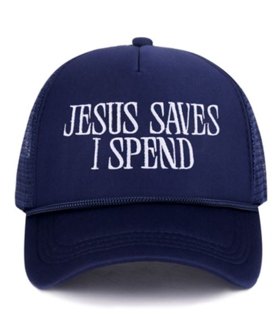 JESUS SAVES I SPEND MESH TRUCKER CAP - NAVY