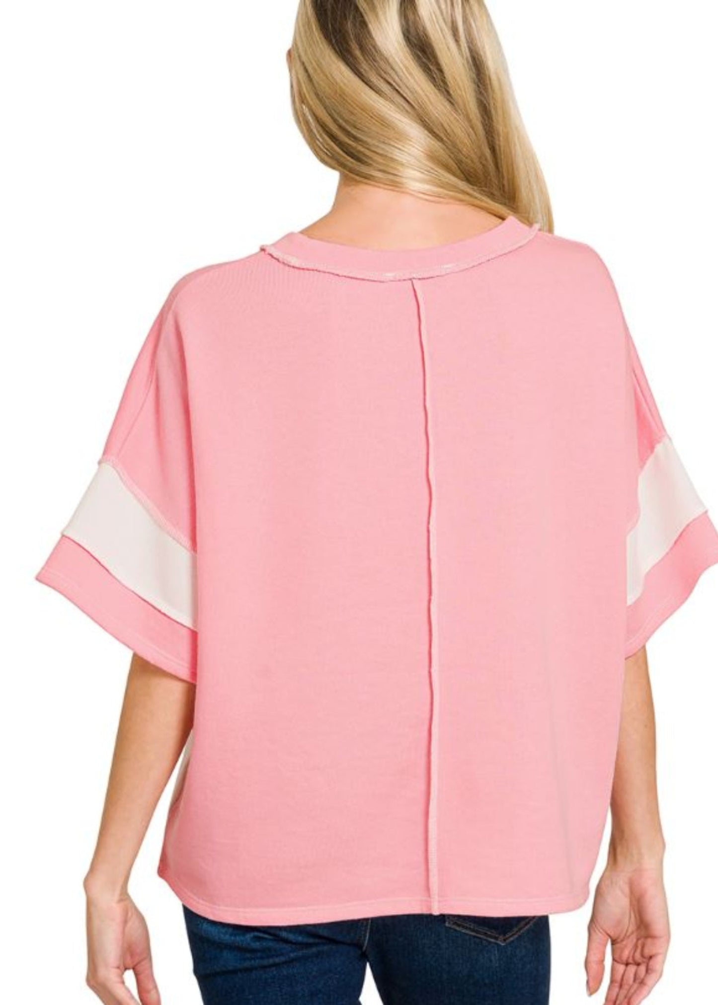 FRENCH TERRY COLOR BLOCKED EXPOSED SEAM TOP - DARK PINK