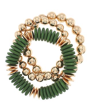 GREEN AND GOLD BEADED BRACELETS - SET OF THREE