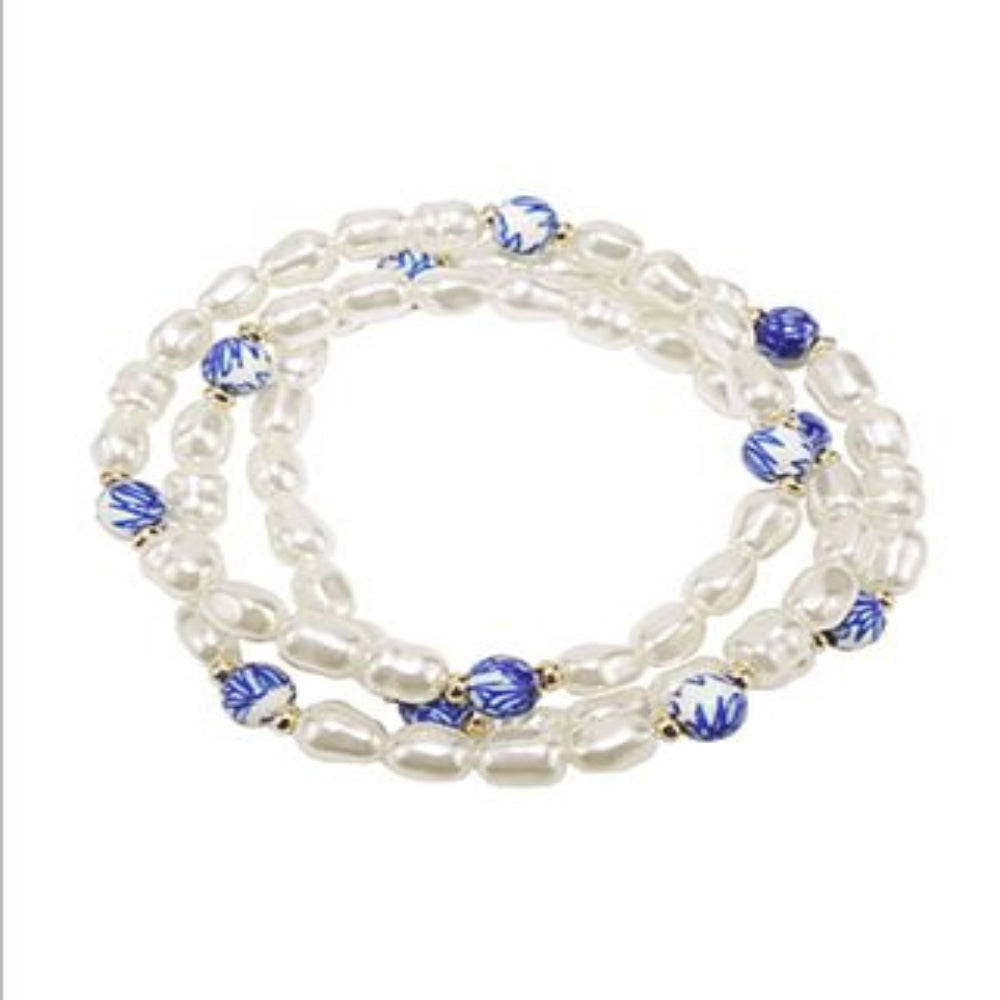 3 ROW CERAMIC BALL & PEARL BRACELET - CREAM/GOLD