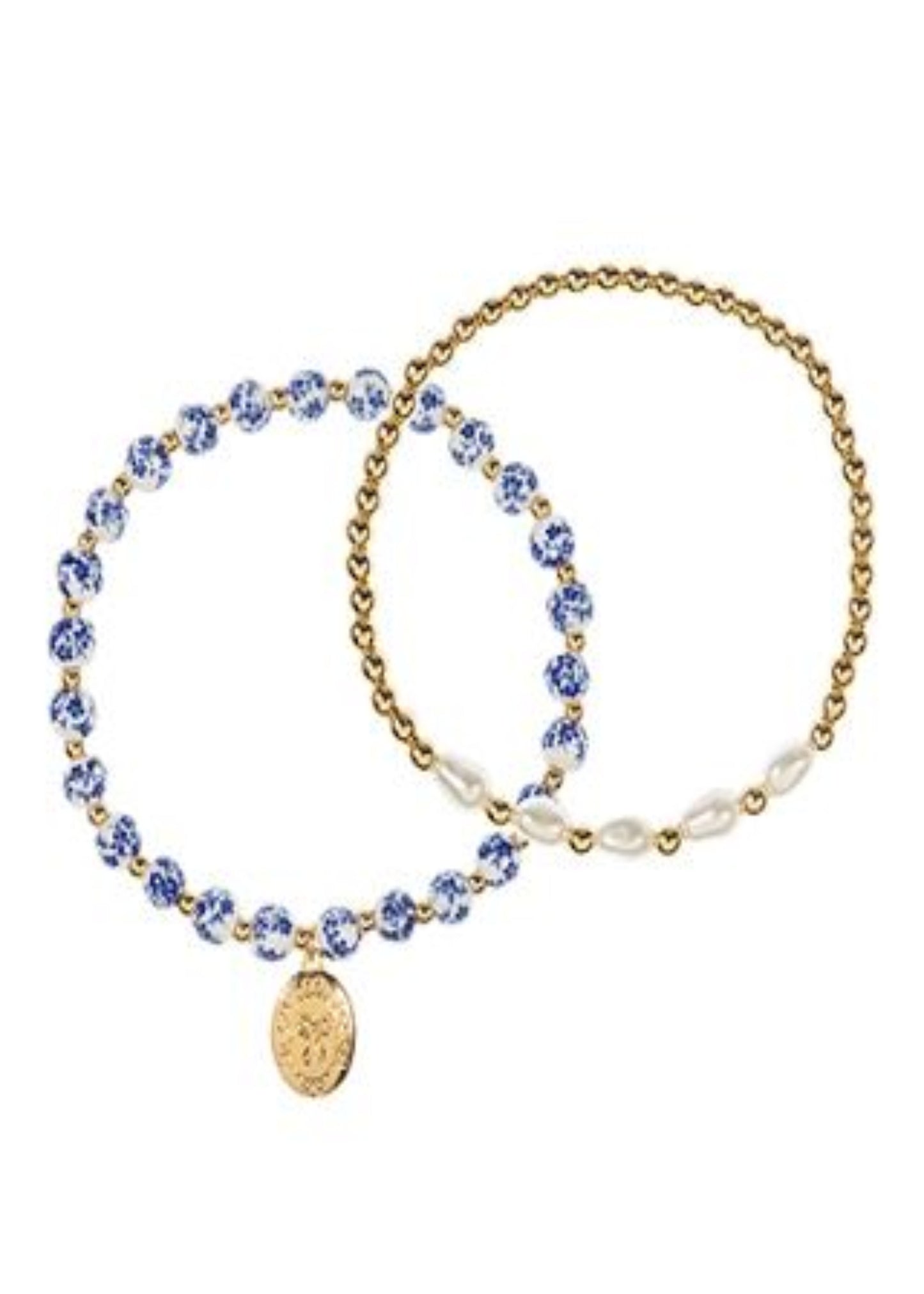 2 ROW CERAMIC & PEARL BRACELET - BLUE/GOLD