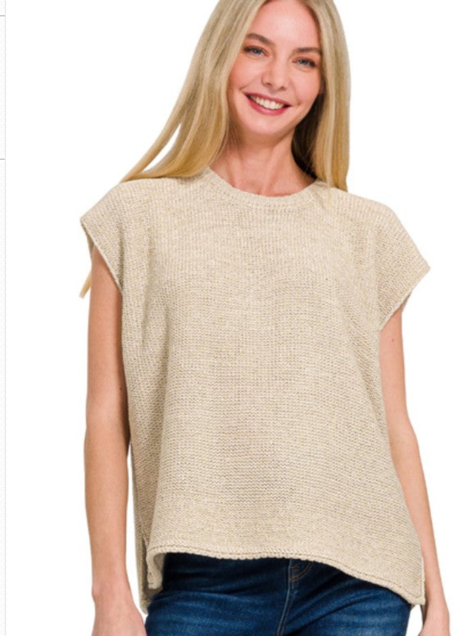 OVERSIZED CREW NECK SWEATER VEST - SAND BEIGE