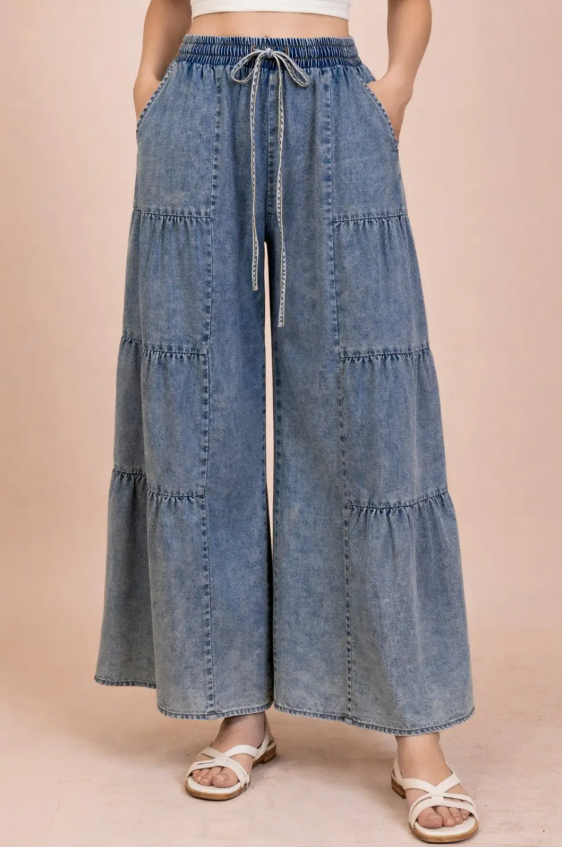 Tiered Layers Mineral Washed Chambray Pants-INDIGO