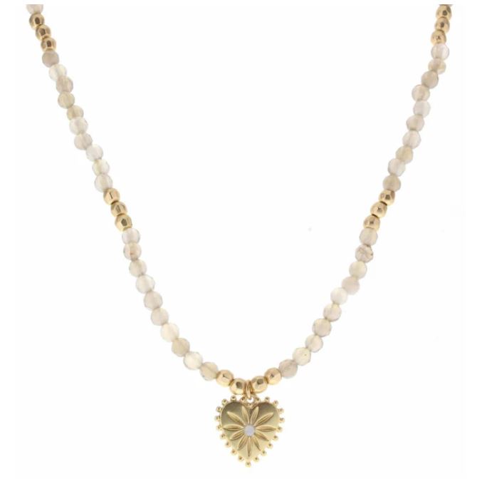 16" GREY BODY WITH GOLD HEART CHARM MOONSTONE NECKLACE
