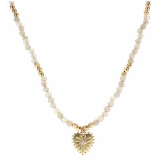 16" GREY BODY WITH GOLD HEART CHARM MOONSTONE NECKLACE