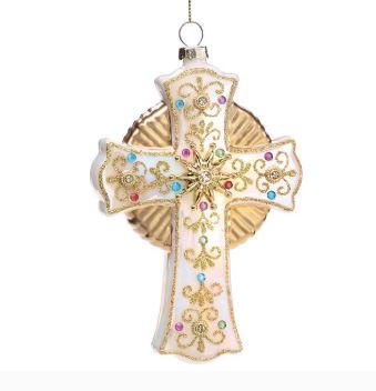WHITE AND GOLD JEWEL CROSS ORNAMENT