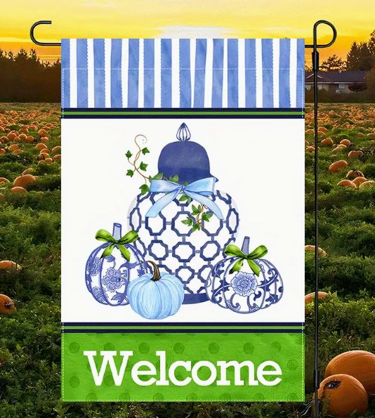 DOUBLE SIDED BLUE AND WHITE PORCELIN PUMPKIN GARDEN FLAG