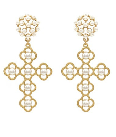 CLOVER CUTOUT CROSS & PEARL DROP EARRINGS - VINTAGE GOLD/CREAM