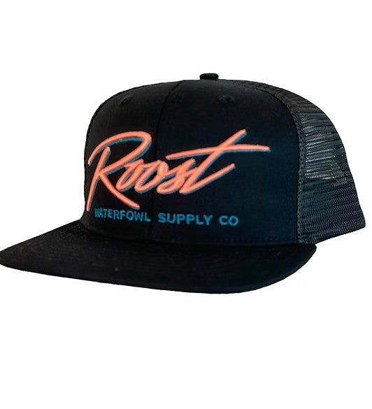 ROOST BLACK 7 PANEL W PINK SCRIPT LOGO HAT - BLACK