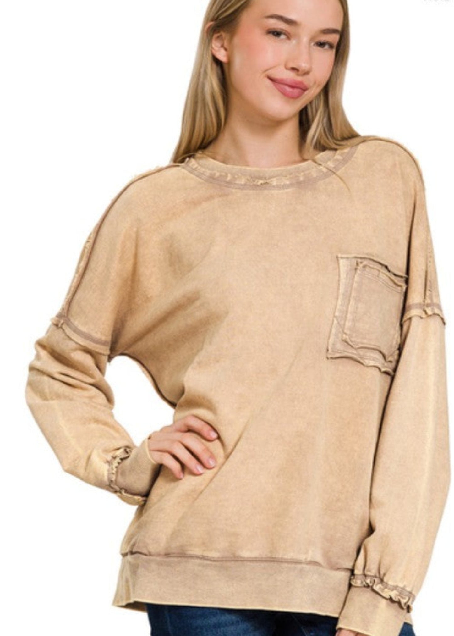 PLUS F/TERRY ACID WASH PULLOVER - ASH MOCHA