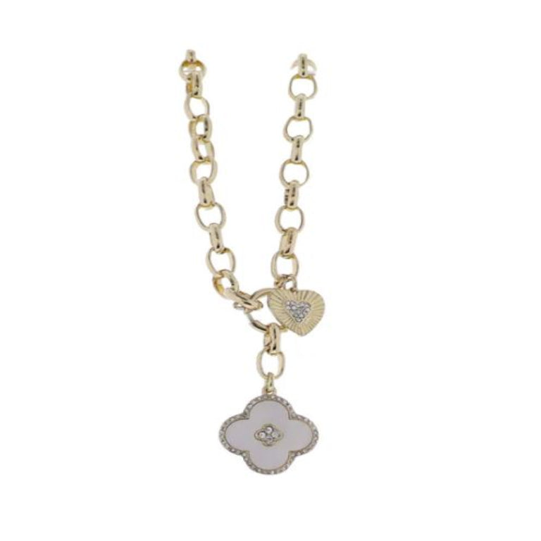 GOLD OVAL CABLE CHAIN NECKLACE WITH WHITE QUATREFOIL