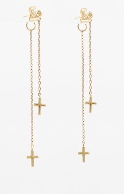 TWO STRAND CROSS DROP EARRINGS - GOLD