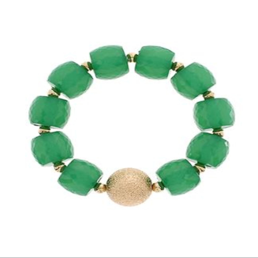 BALL ACCENT DIA CUT ACRYLIC BEAD BRACELET - GREEN/GOLD