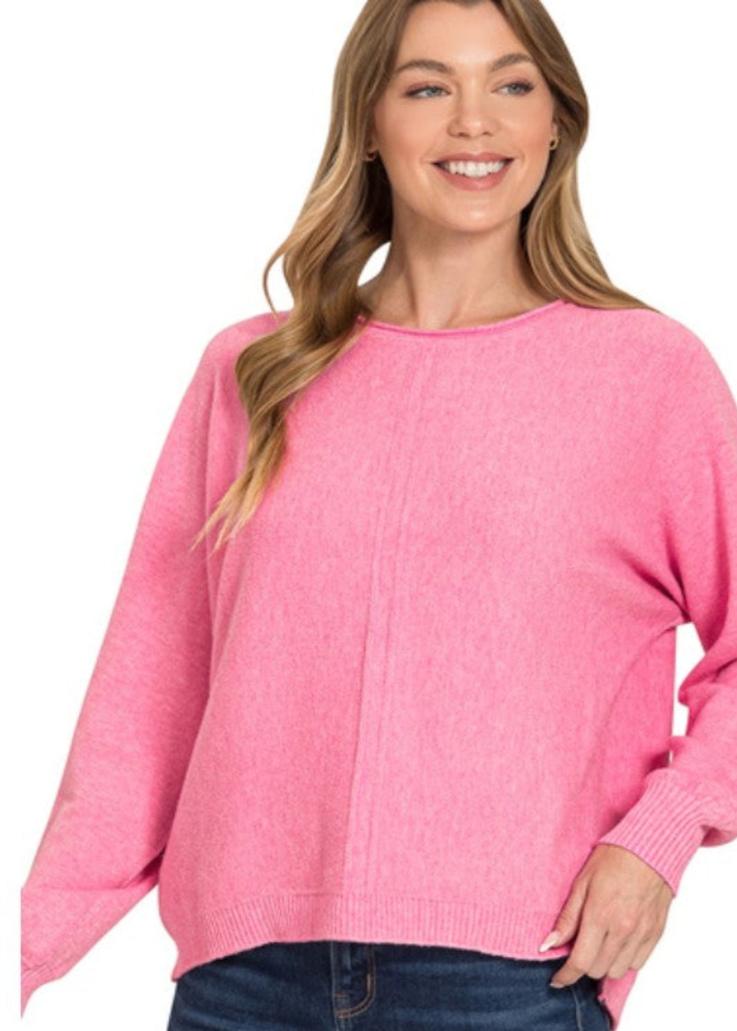 VISCOSE FRONT SEAM ROUND NECK SWEATER - H CANDY PINK