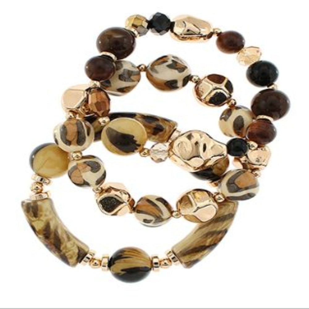 LEOPARD AND GOLD - THREE SET BEADED BRACELETS