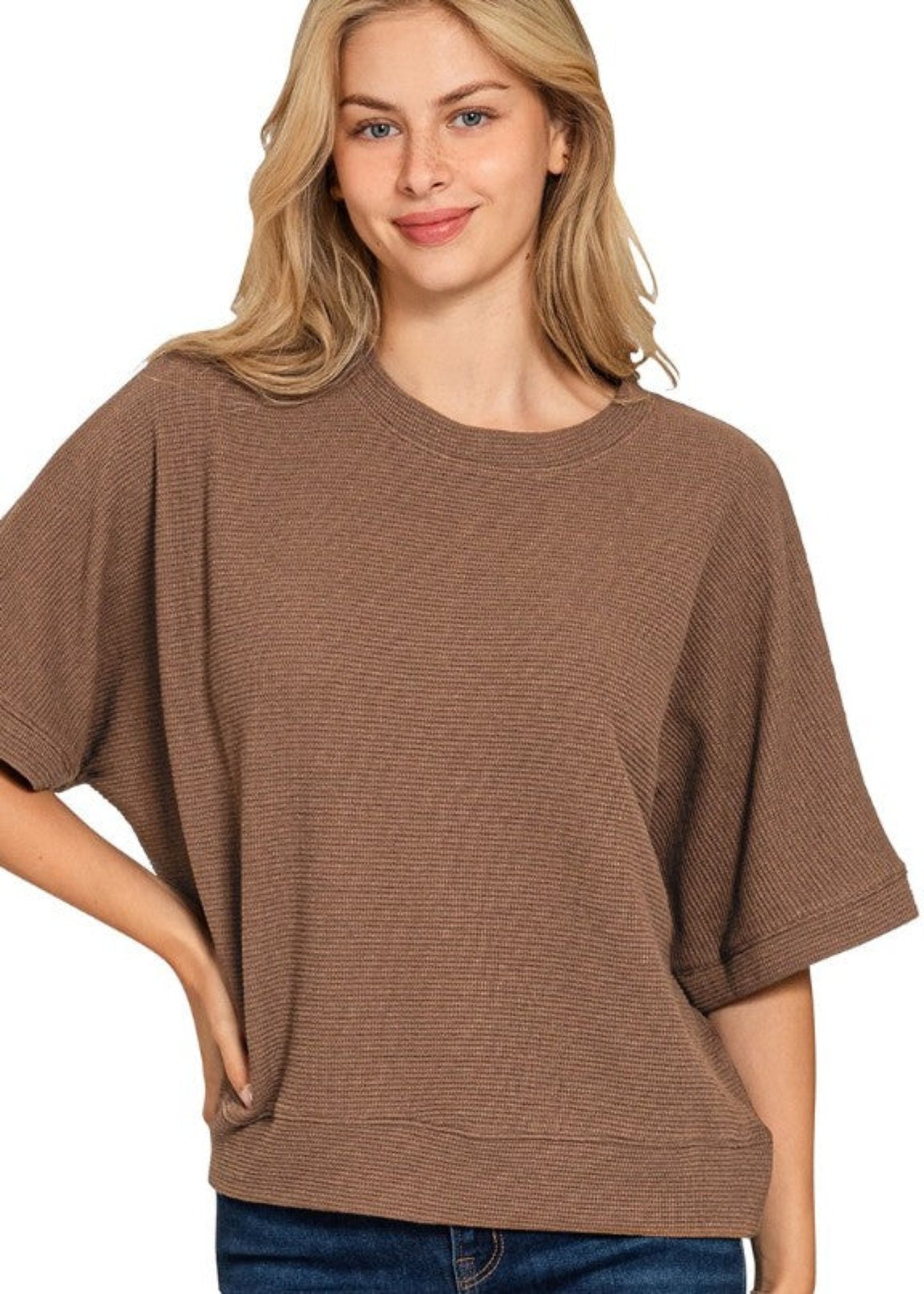 DOUBLE KNIT BANDED BOTTOM SHORT SLEEVE TOP - BROWN