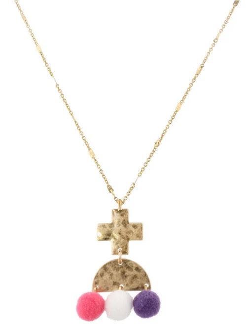 14" KIDS NECKLACE CROSS WITH PINK, PURPLE, AND WHITE POMS